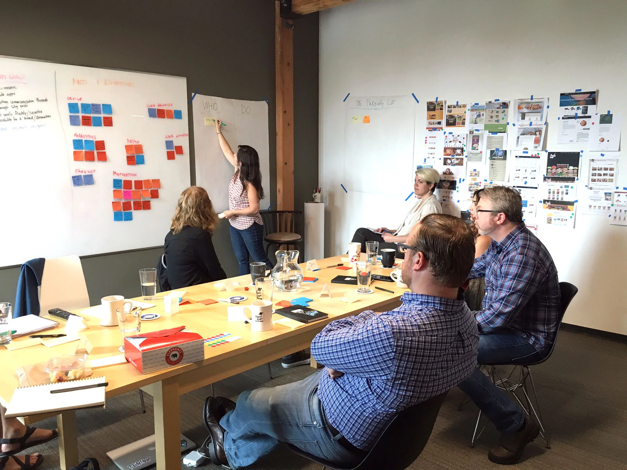 A discovery workshop, mapping strengths, issues, and improvements on the wall