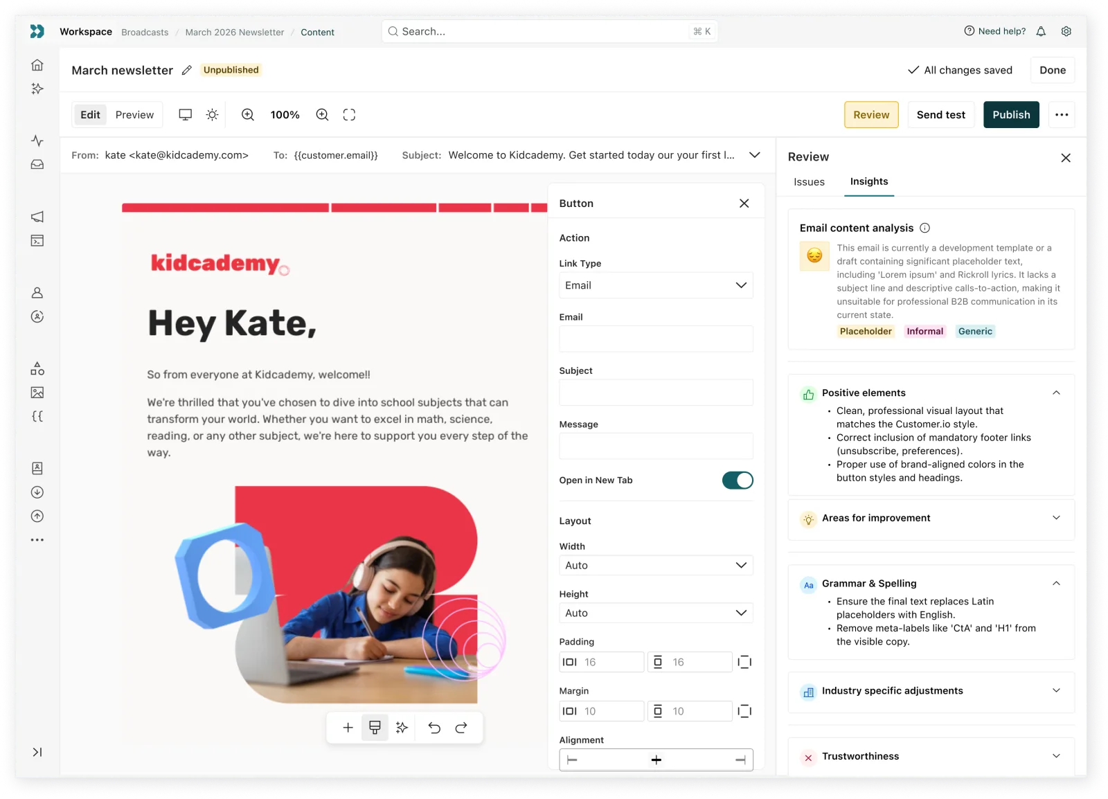 The Insights tab, an AI-written analysis explaining what's working and what needs attention