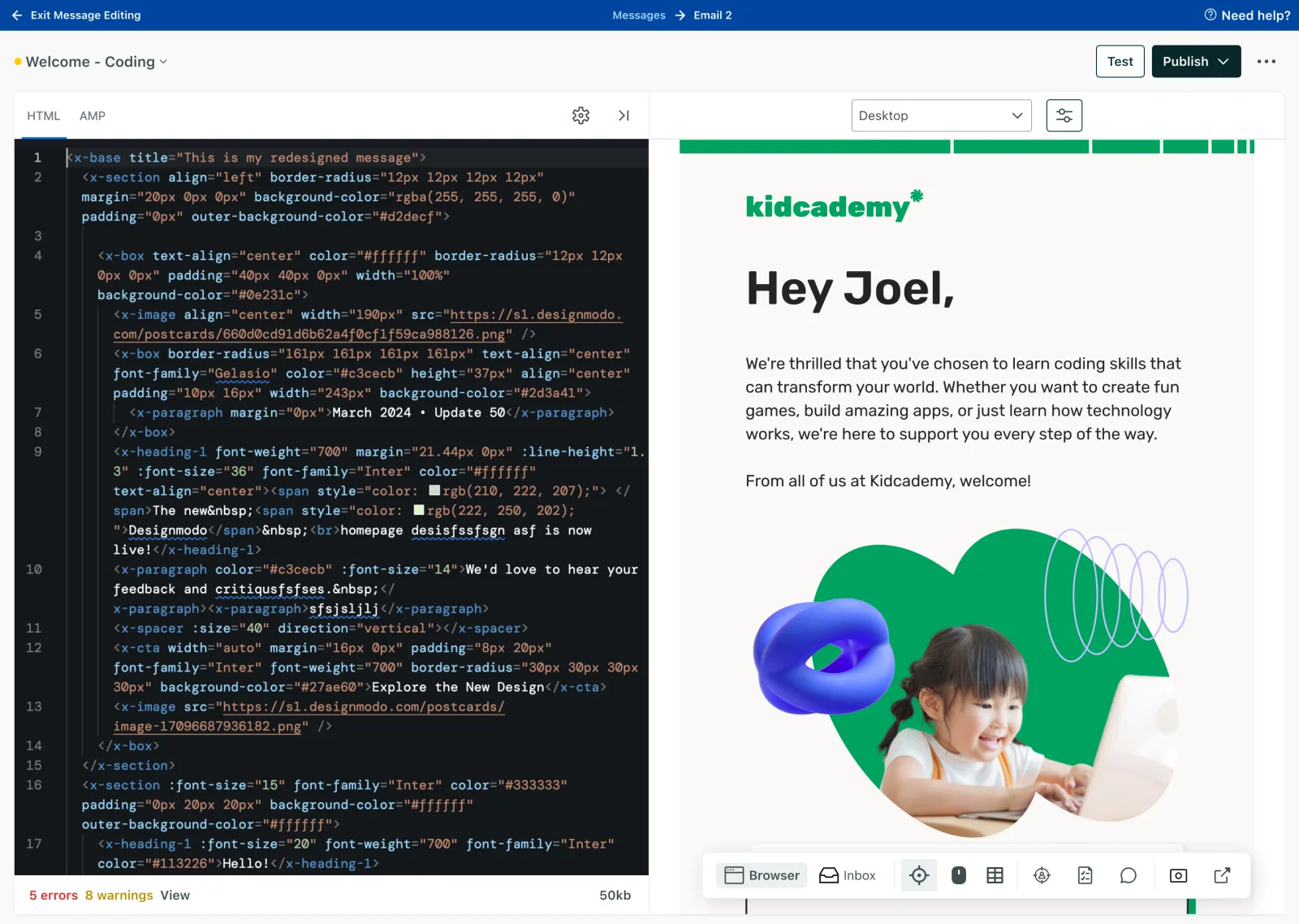 The code view of the editor, side by side with a live preview