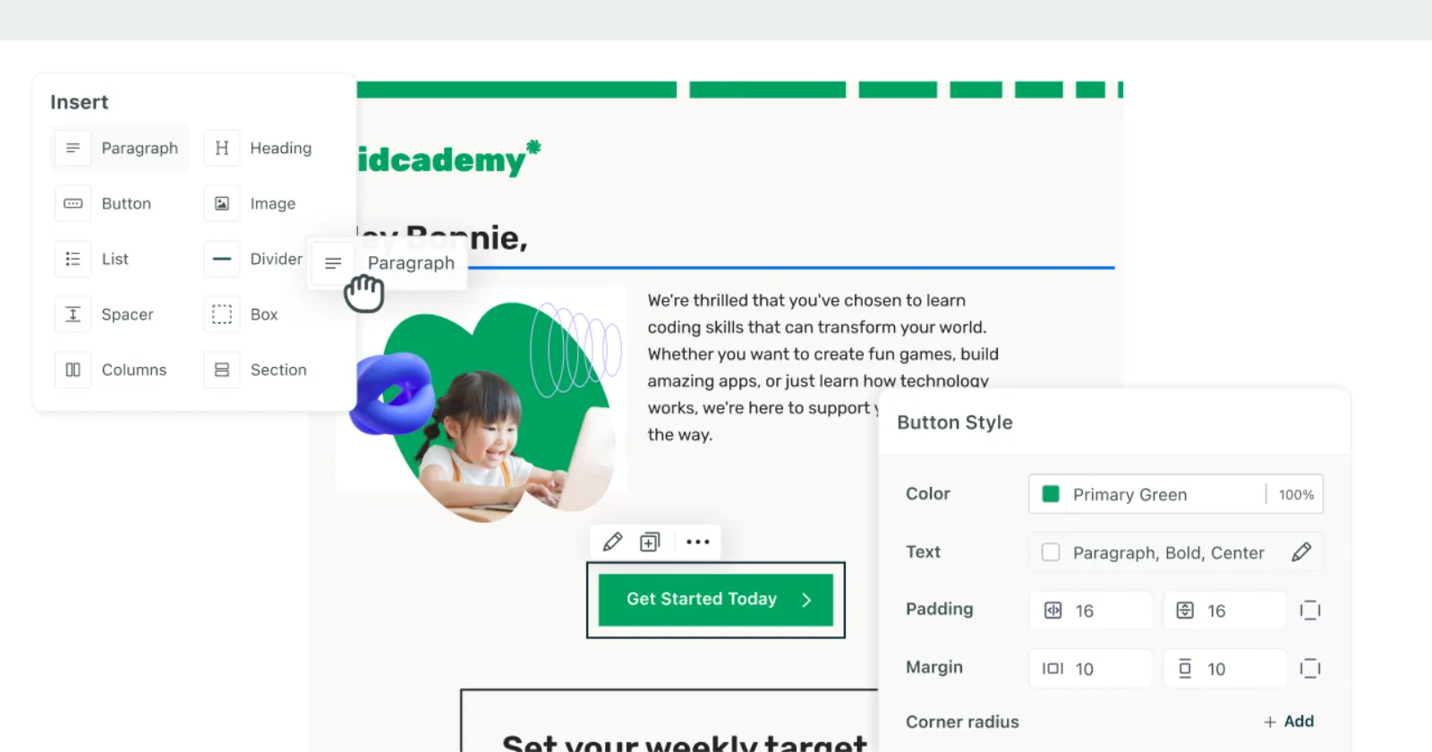 The Insert panel and an inline paragraph tooltip, the floating panel pattern in use