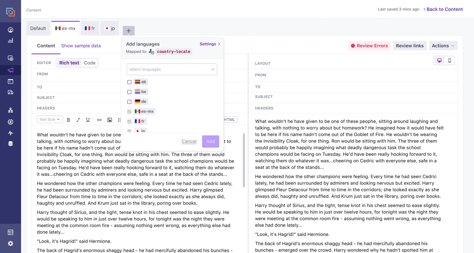 Adding language tabs with flag tags, and editing tabbed content per language