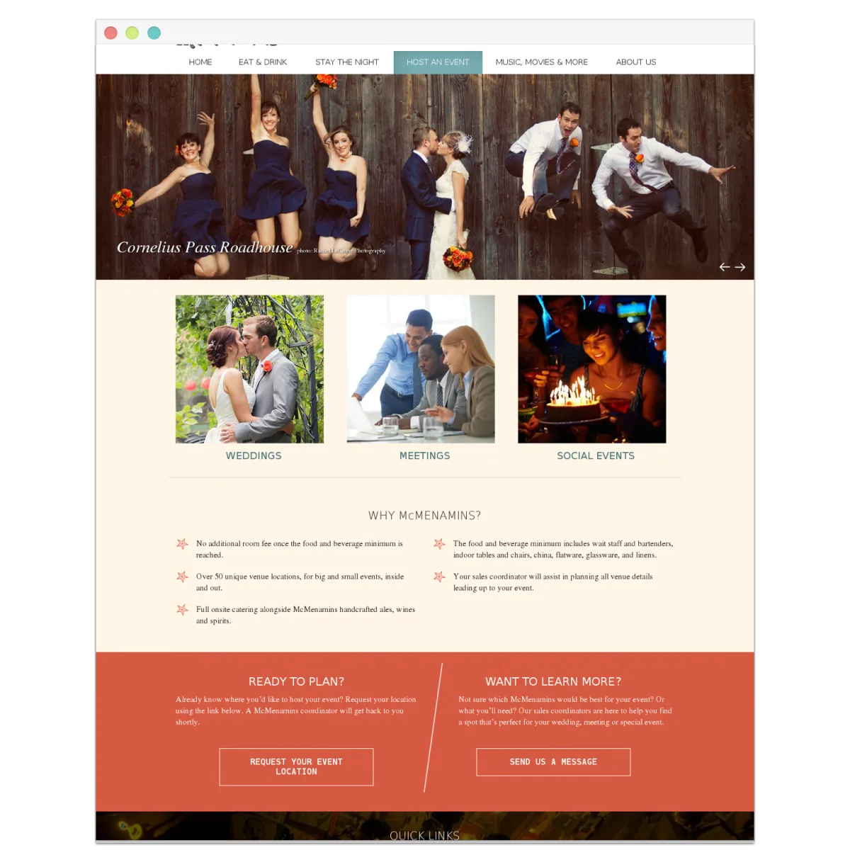 The rebuilt Host an Event landing page, organized around event type