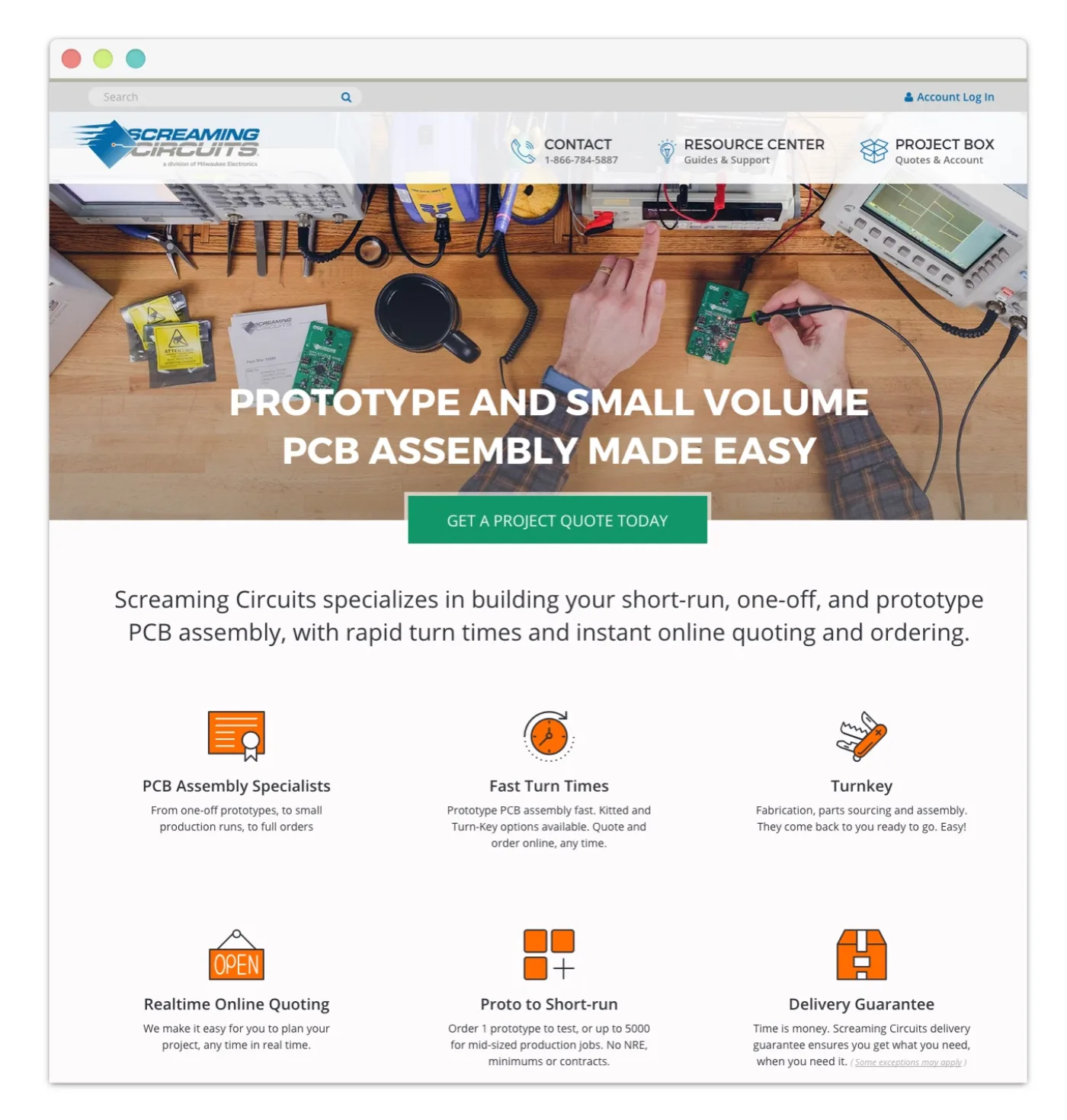 The redesigned Screaming Circuits homepage, telling the company's story with real people