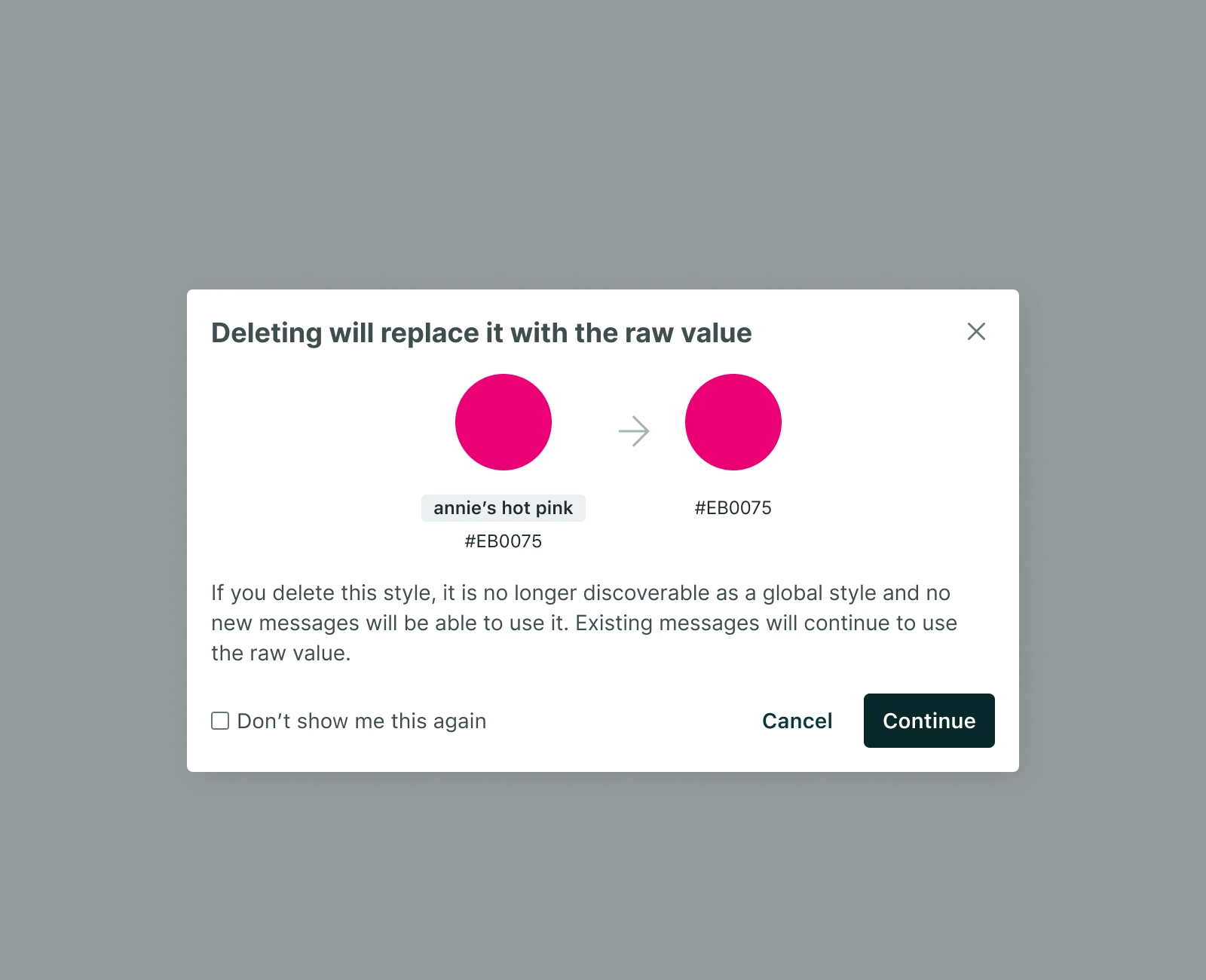 Confirmation when deleting a style, explaining it will be replaced with the default