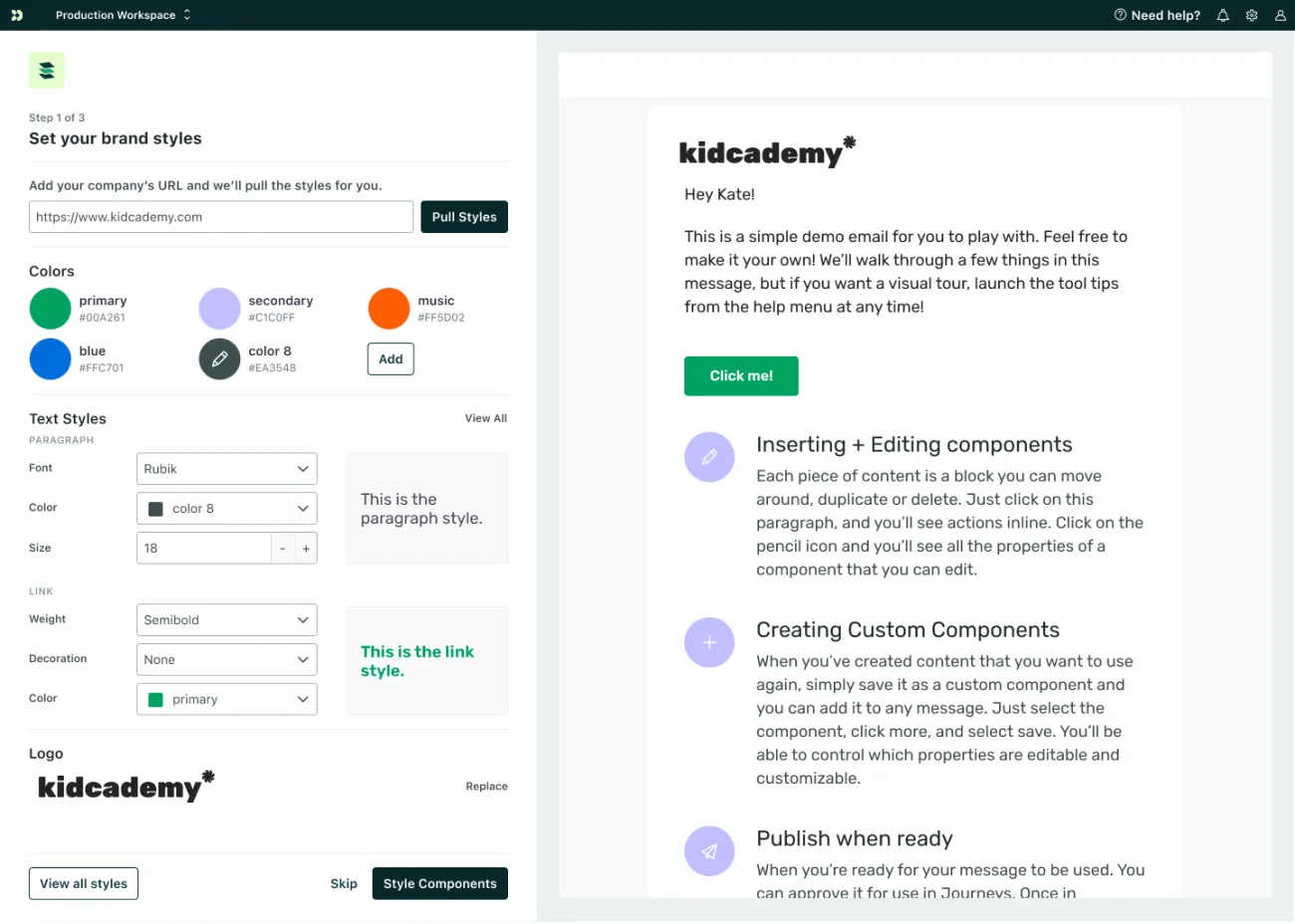 Setting up brand styles, pulling colors and fonts from a company URL
